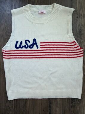 Pink Lily White USA Knit Tank with Red Stripes and Blue Lettering